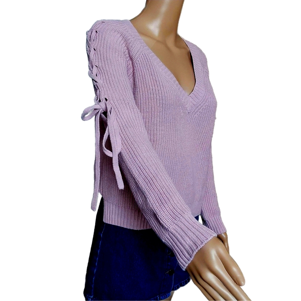 GUESS Women's V-Neck cable Knitted Cotton  Sweater Rose Blush Tie up Size M